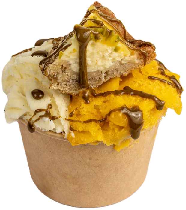 Bio-Eis Mandel-Vanille und Mango-Lemongrass mit Lemon Cheesecake und Pistazienmus im Becher