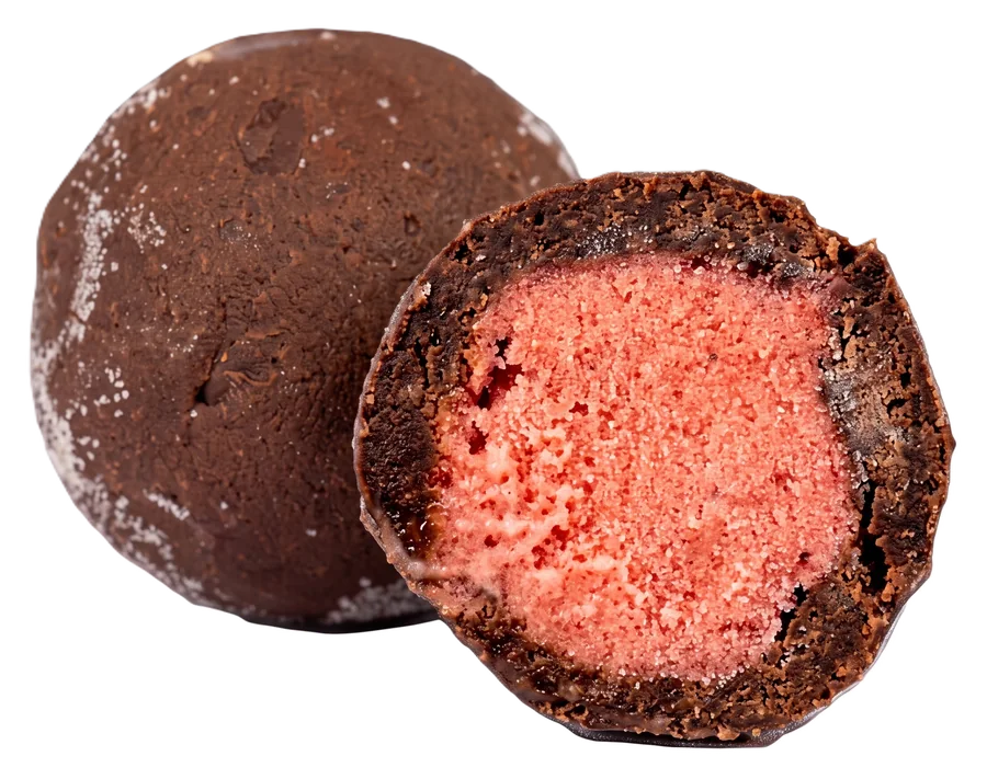 kü:gerl Brownie mit Erdbeer-Minz-Sorbet, ganz und aufgeschnitten