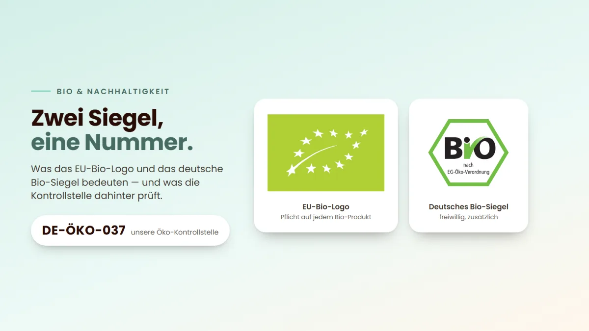 Titelbild „Zwei Siegel, eine Nummer.“: EU-Bio-Logo und deutsches Bio-Siegel auf weißen Karten, links die Codenummer DE-ÖKO-037