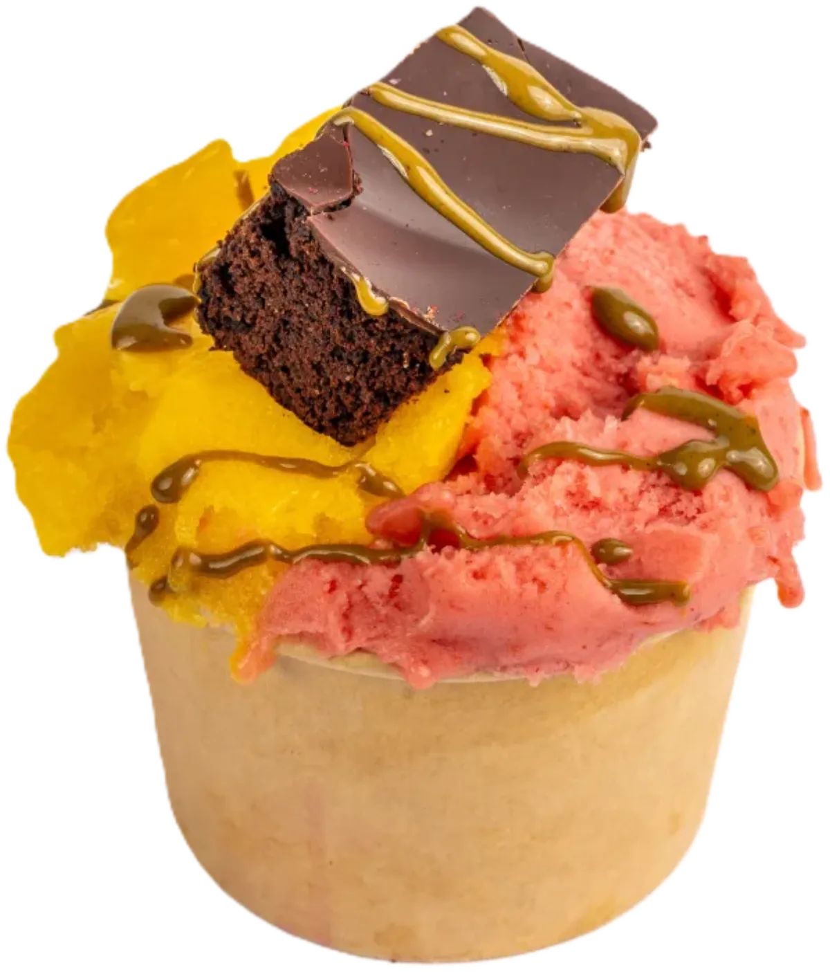 Pflanzlich und trotzdem mit Allergenen: Sorbet mit Brownie-Topping (Sesam, Mandel) und Pistazienmus